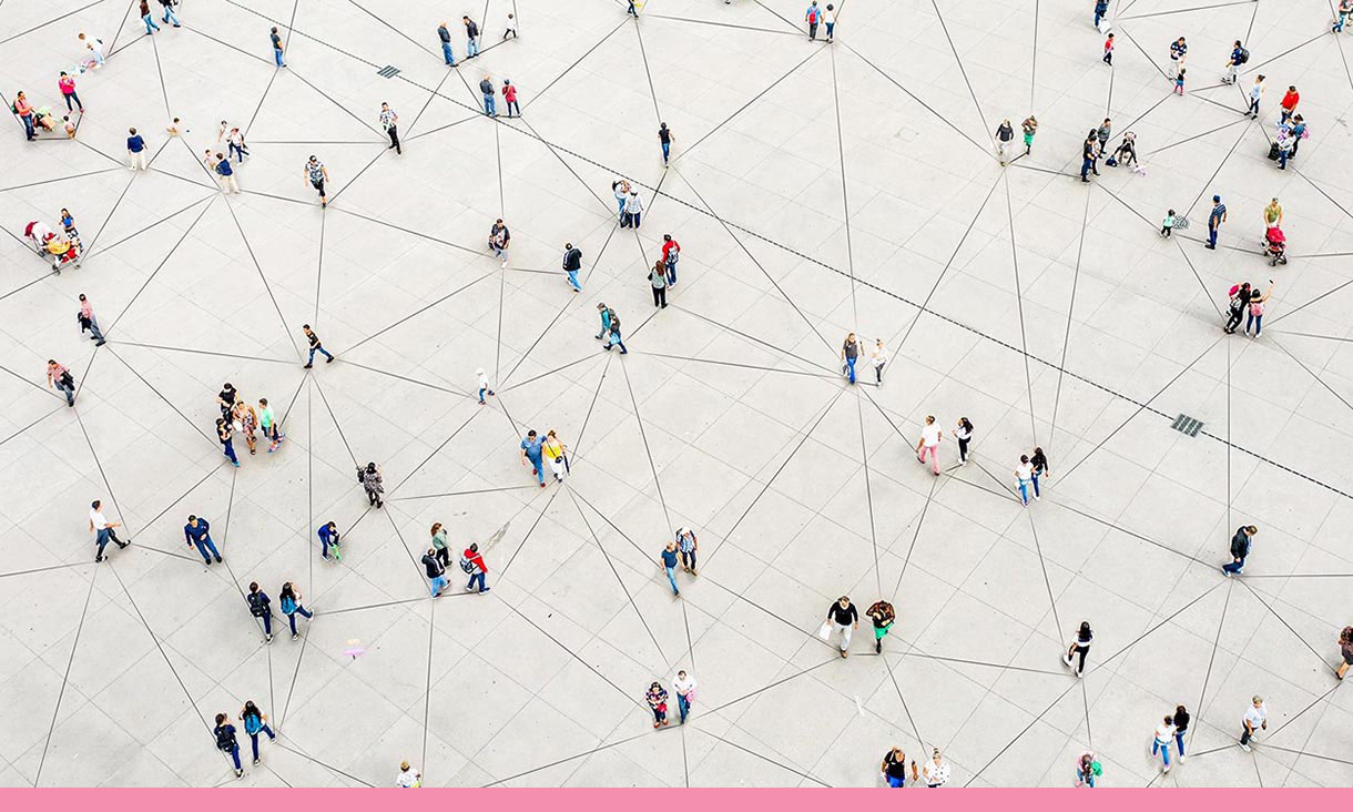 Birds eye view of a crowd with threads connecting them.