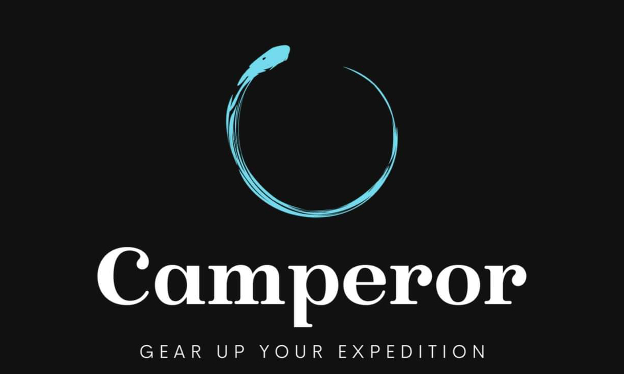 Camperor business name and logo, a circular teal paintbrush stroke on black background
