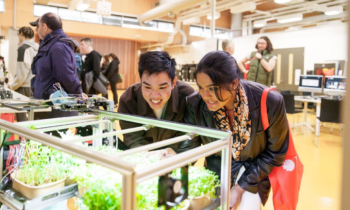 Two people looking closely at plants under grow lights.