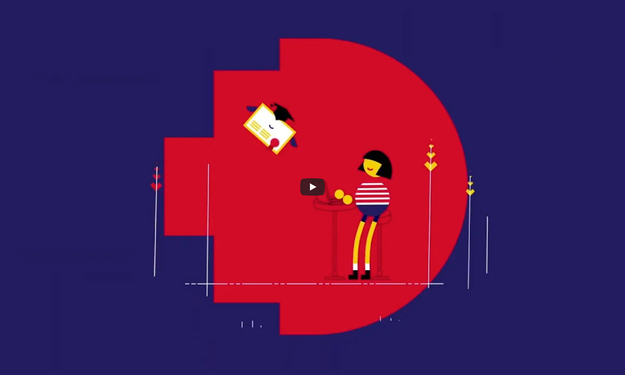 Animated character in front of RMIT pixel, with a flying degree above their head